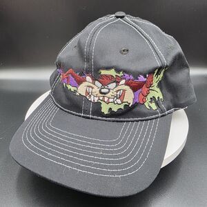 Vintage Tasmanian Devil Six Flags Hat Taz Cap Black SnapBack 1997